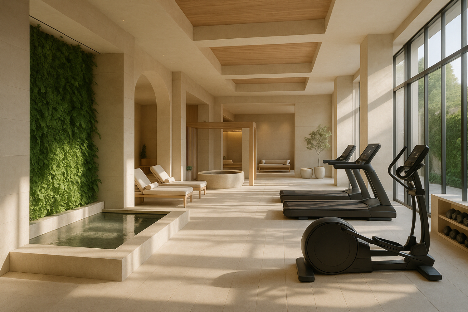 generate an image of a conceptual luxury fitness, health, and wellness club. gather inspiration from luxury lifestyle brands like Aman Resorts, The Well NYC, Four Seasons. The image should evoke feelings of peace, clarity, aspiration, and luxury.